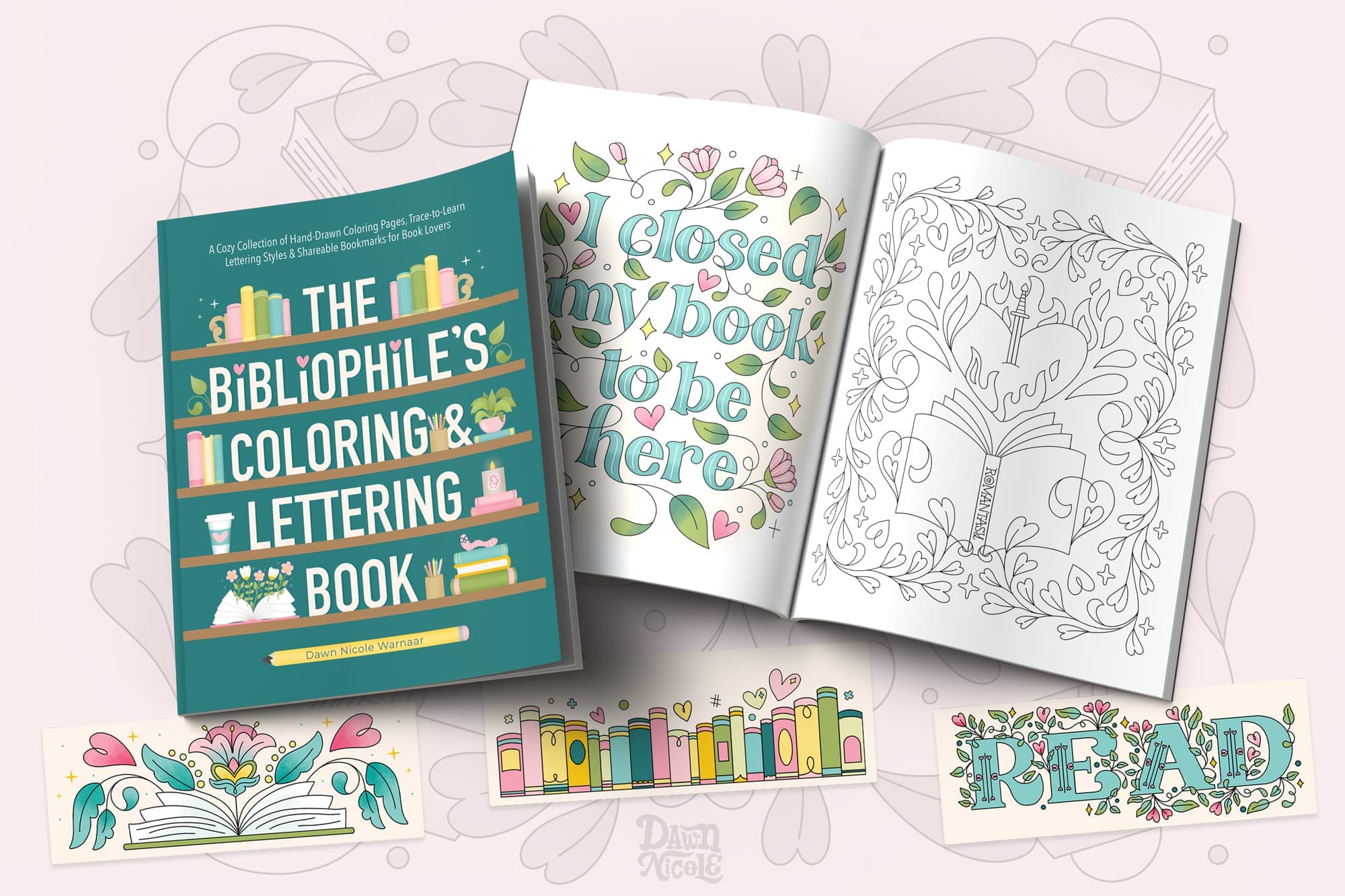 By Dawn Nicole artful lettering books closed and open on pink background