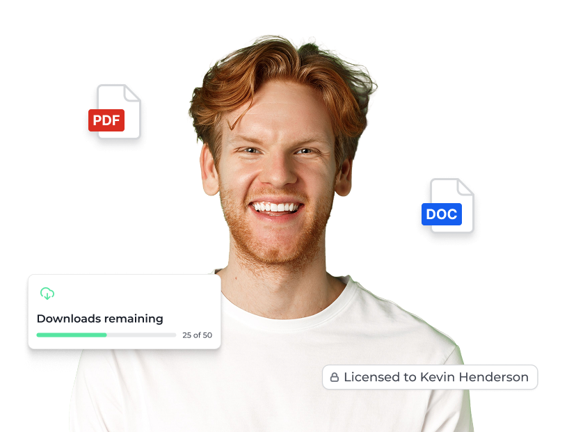 Creator with secure file delivery: PDF and DOC icons, downloads remaining counter, and Licensed to Kevin Henderson badge